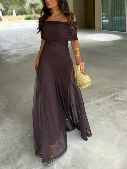 Vestido de Invitada de Boda Largo Casual Elegante con Hombros Descubiertos