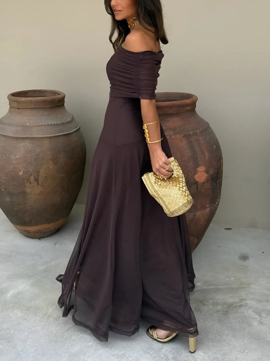 Vestido de Invitada de Boda Largo Casual Elegante con Hombros Descubiertos