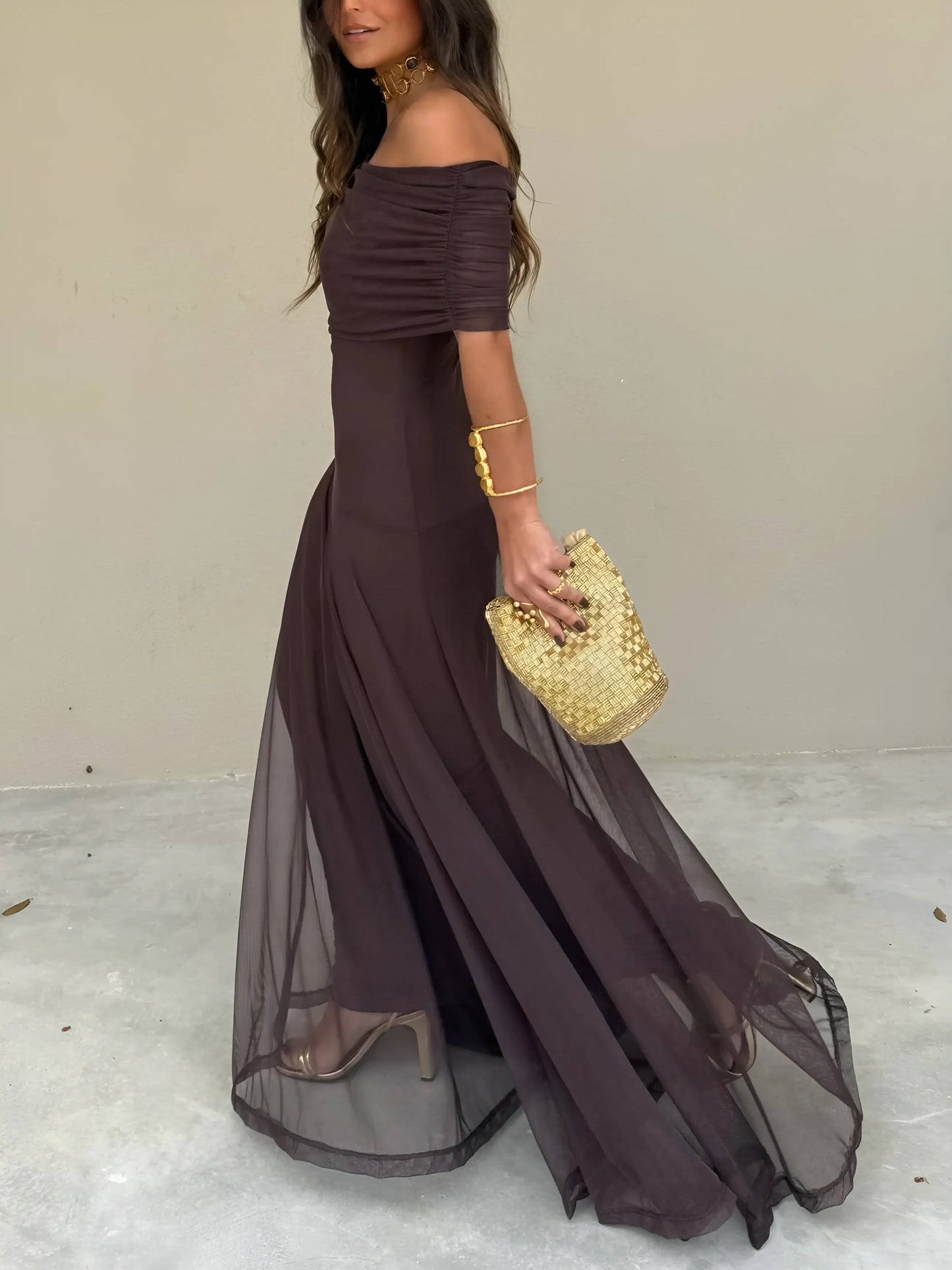 Vestido de Invitada de Boda Largo Casual Elegante con Hombros Descubiertos