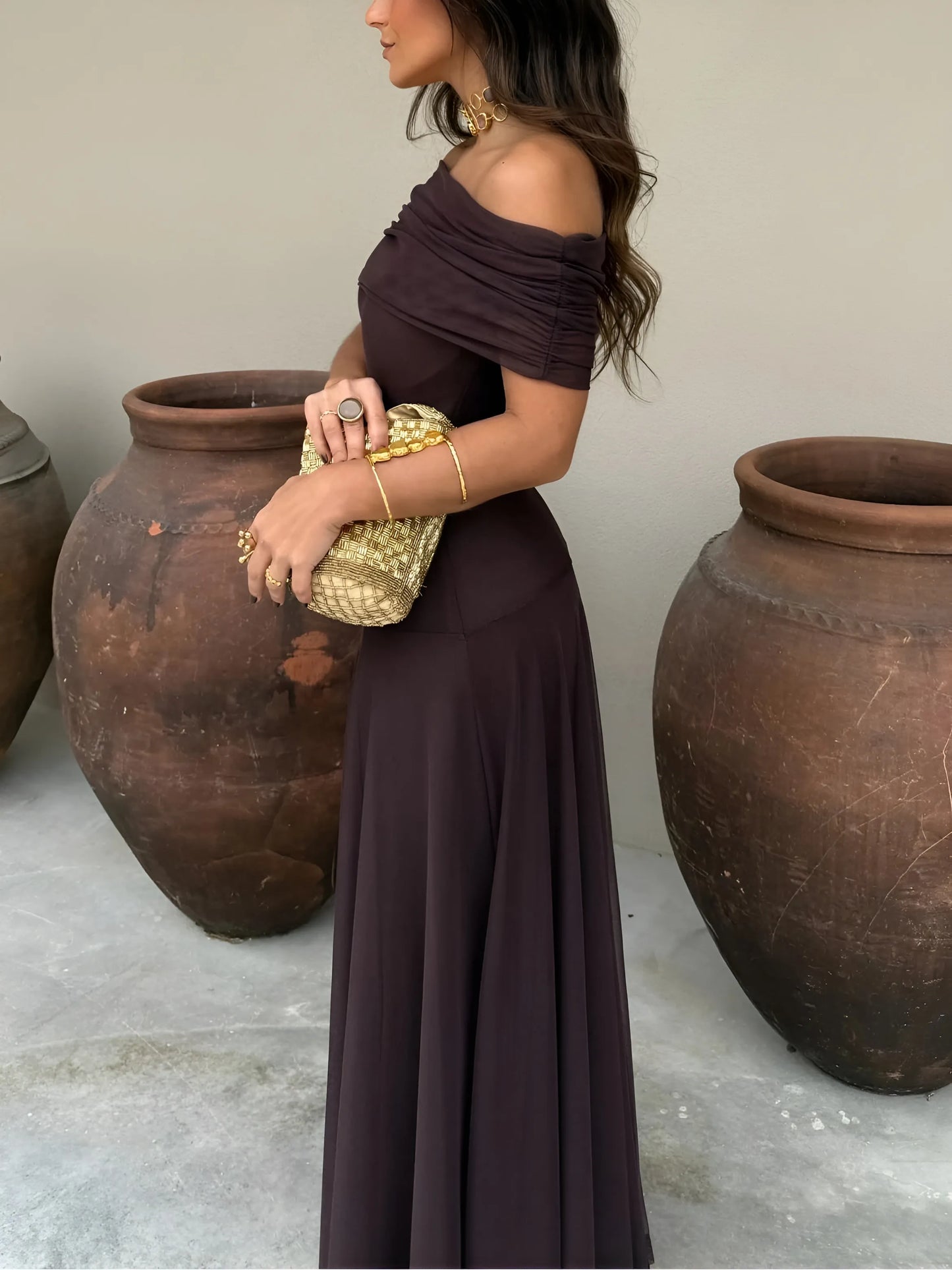 Vestido de Invitada de Boda Largo Casual Elegante con Hombros Descubiertos