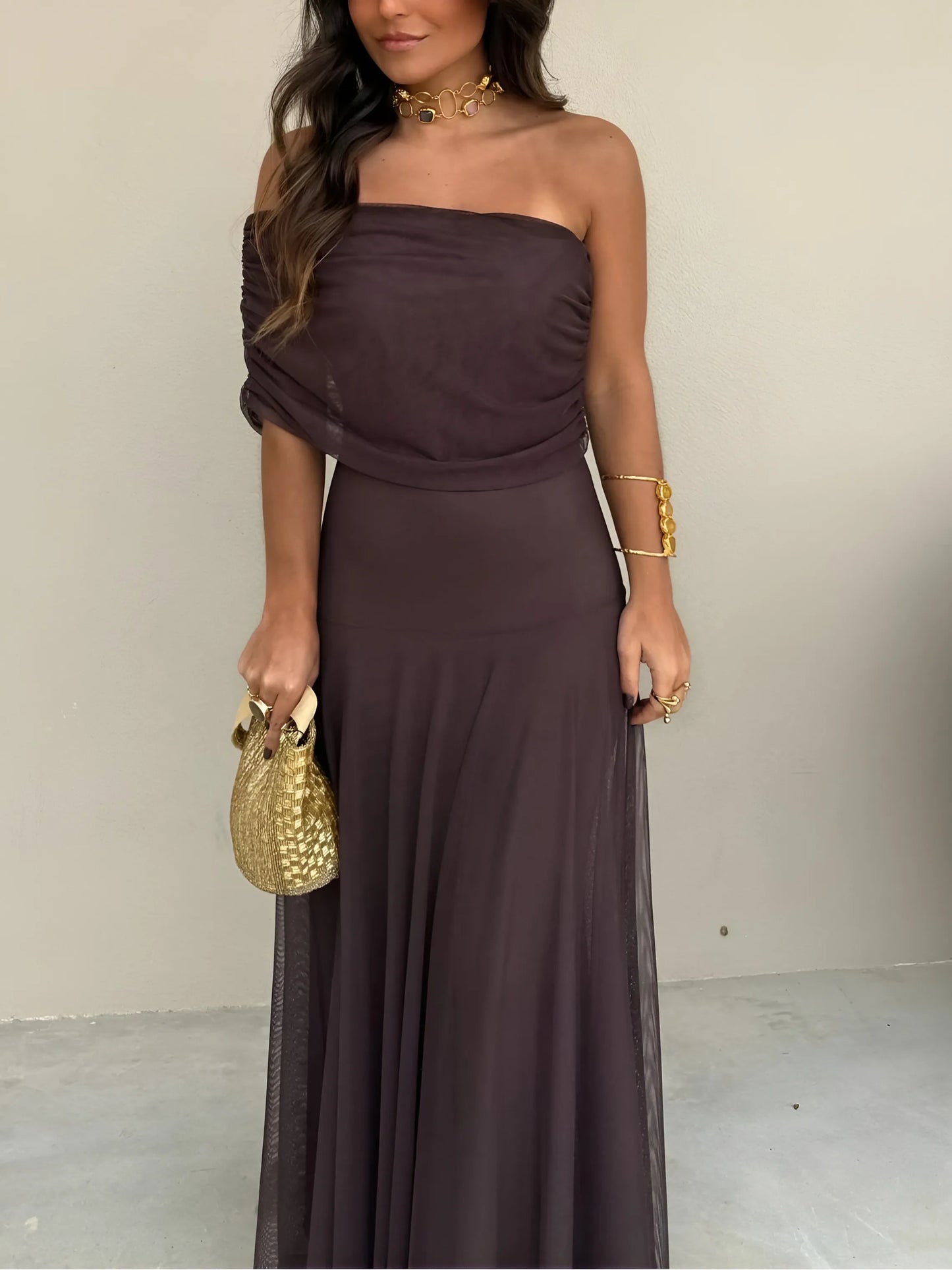 Vestido de Invitada de Boda Largo Casual Elegante con Hombros Descubiertos
