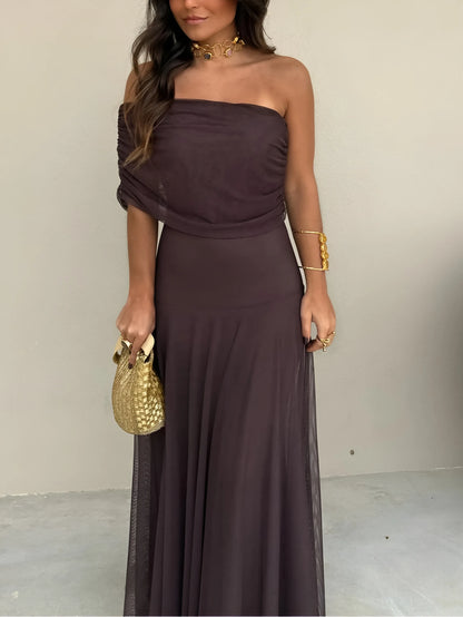 Vestido de Invitada de Boda Largo Casual Elegante con Hombros Descubiertos