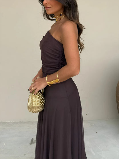 Vestido de Invitada de Boda Largo Casual Elegante con Hombros Descubiertos
