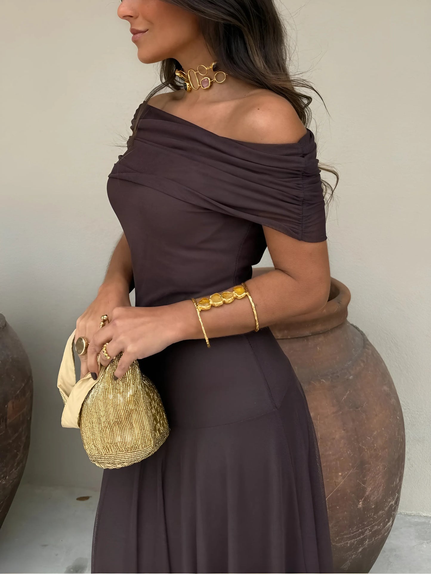 Vestido de Invitada de Boda Largo Casual Elegante con Hombros Descubiertos