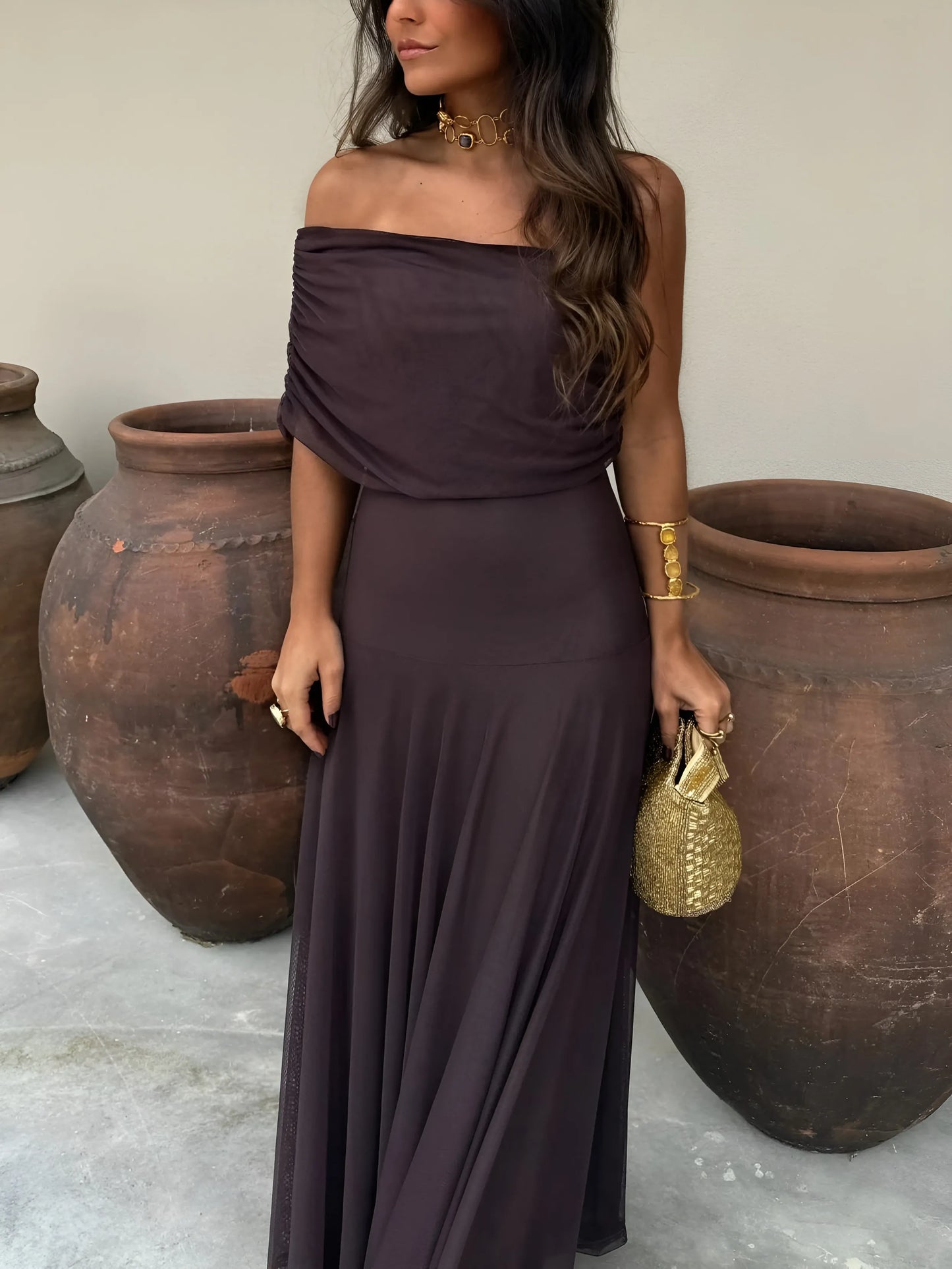 Vestido de Invitada de Boda Largo Casual Elegante con Hombros Descubiertos