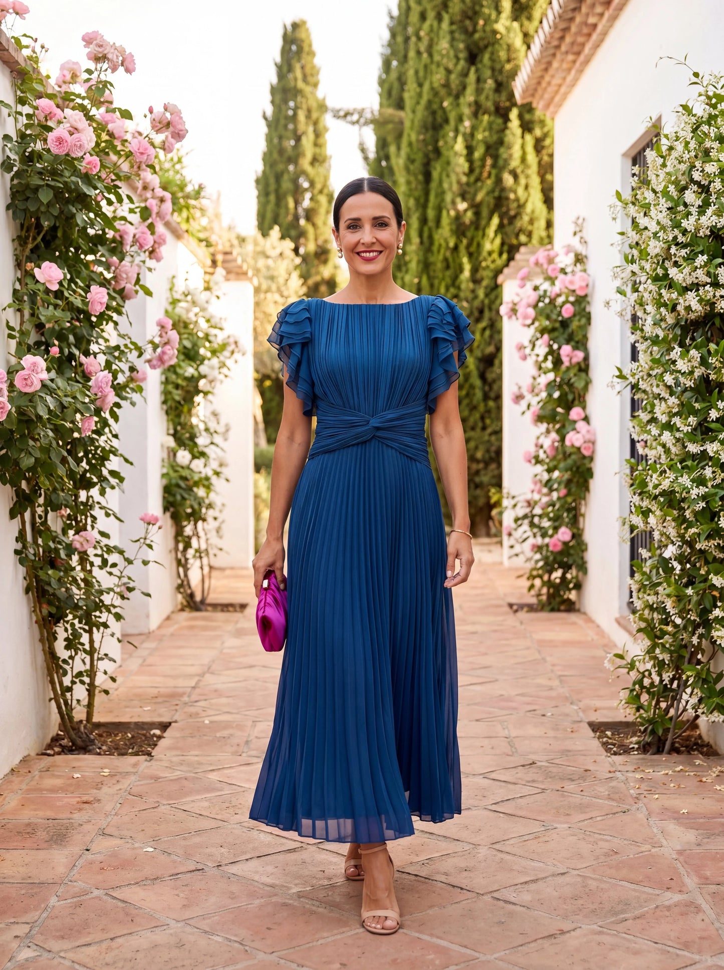 Vestido de Invitada de Boda Largo Casual Elegante con Plisado