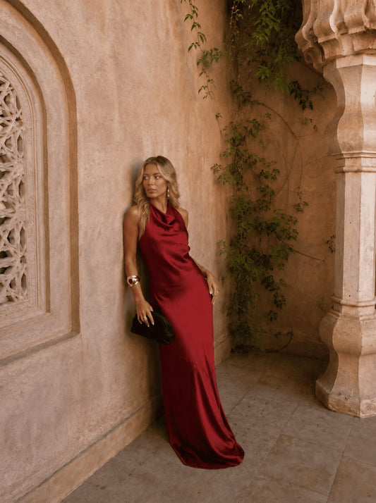 Vestido de Invitada de Boda Largo  Cuello Halter Elegante con Espalda Descubierta