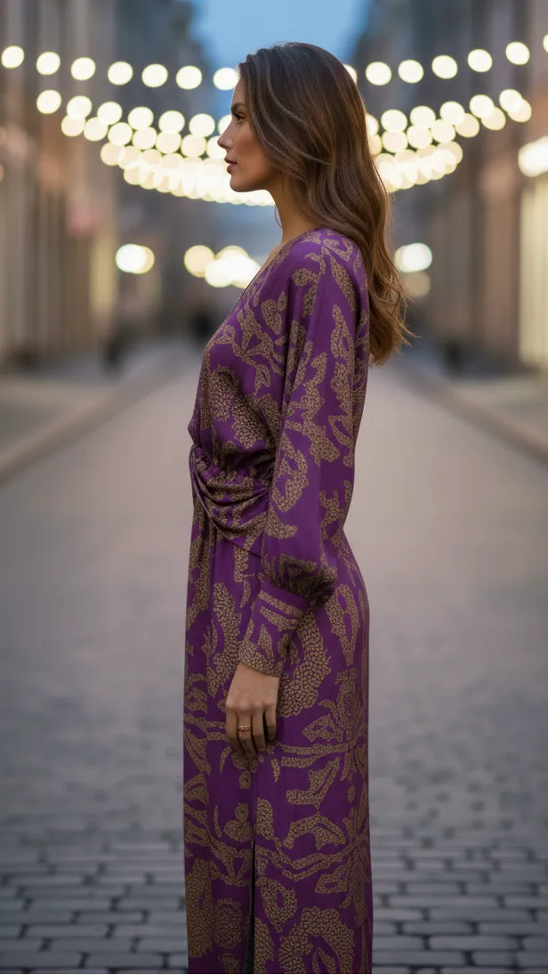 Vestido de Invitada de Boda Midi Cuello en V con Manga Abullonada y Manga Larga