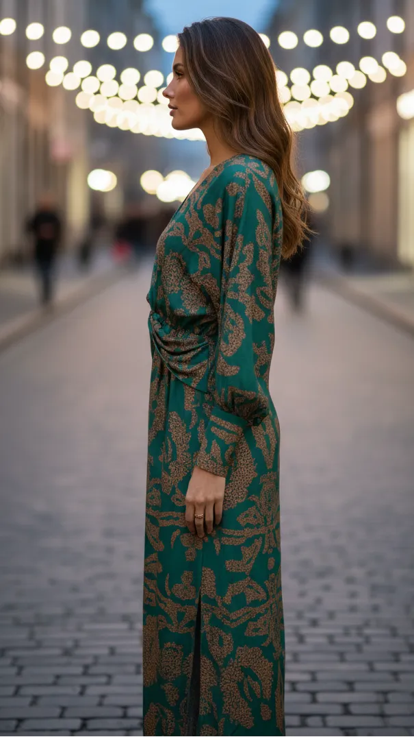 Vestido de Invitada de Boda Midi Cuello en V con Manga Abullonada y Manga Larga