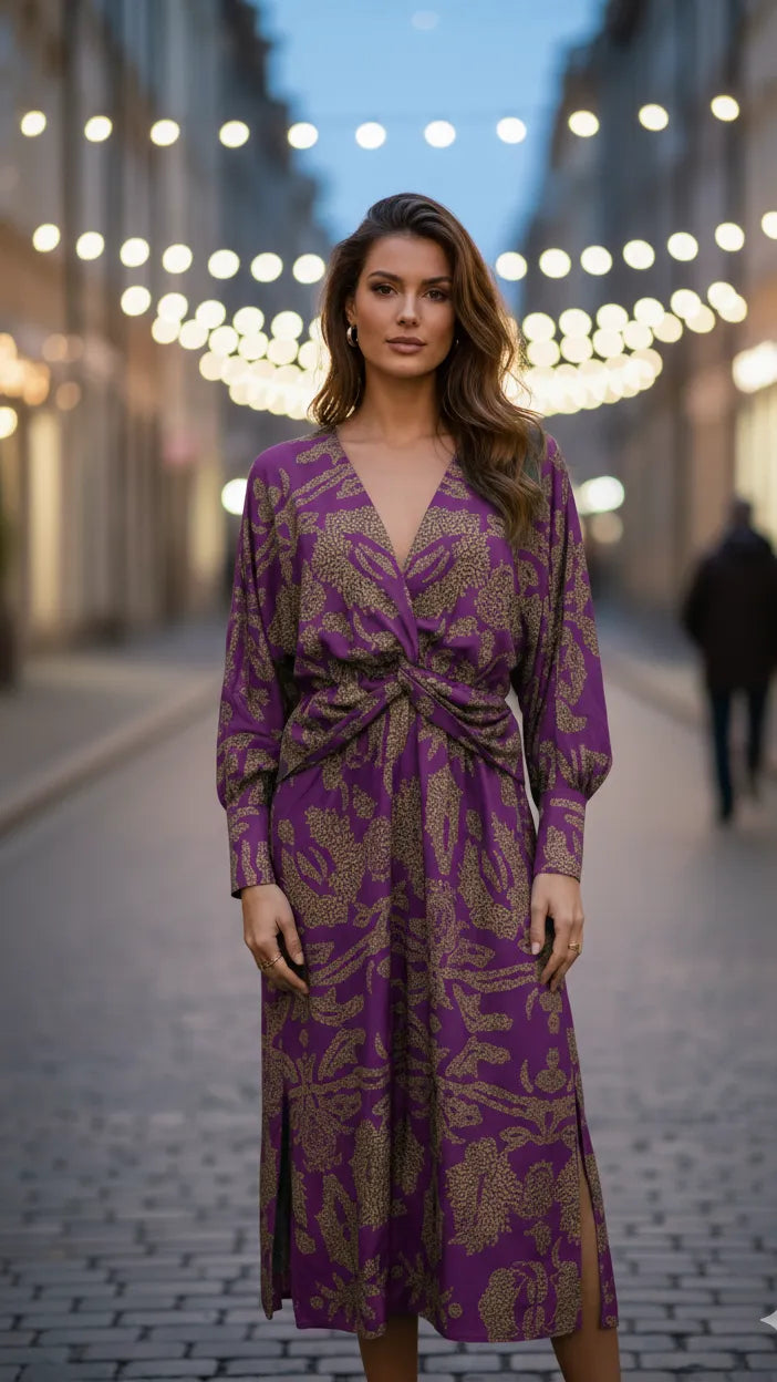 Vestido de Invitada de Boda Midi Cuello en V con Manga Abullonada y Manga Larga