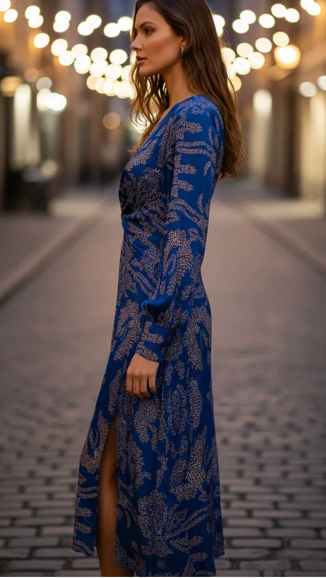 Vestido de Invitada de Boda Midi Cuello en V con Manga Abullonada y Manga Larga