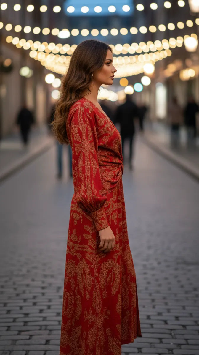 Vestido de Invitada de Boda Midi Cuello en V con Manga Abullonada y Manga Larga