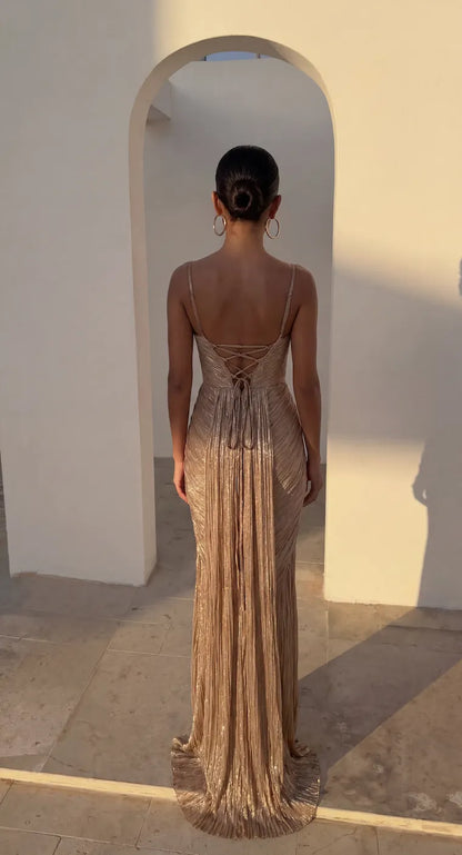 Vestido de Invitada de Boda Largo Dorado Elegante con Corset