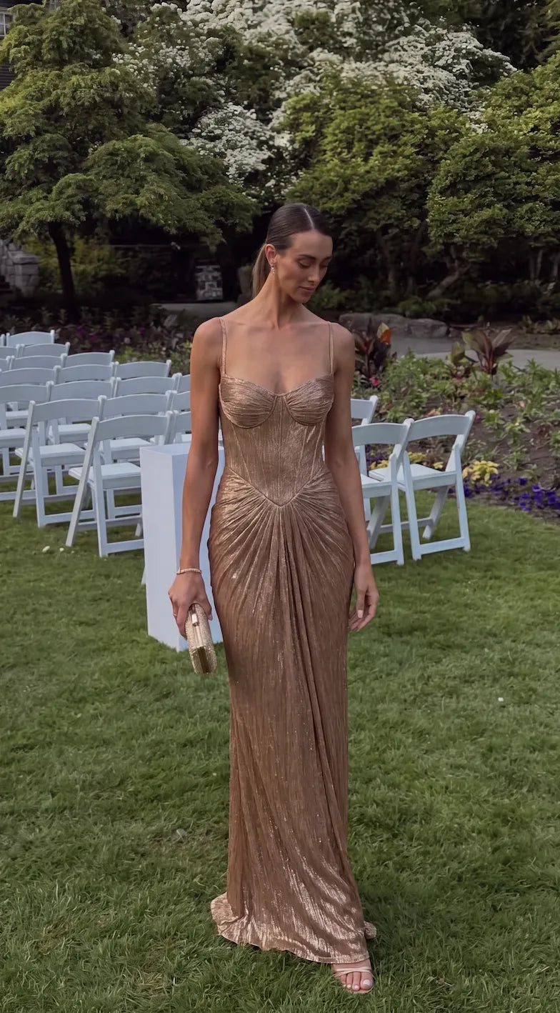 Vestido de Invitada de Boda Largo Dorado Elegante con Corset