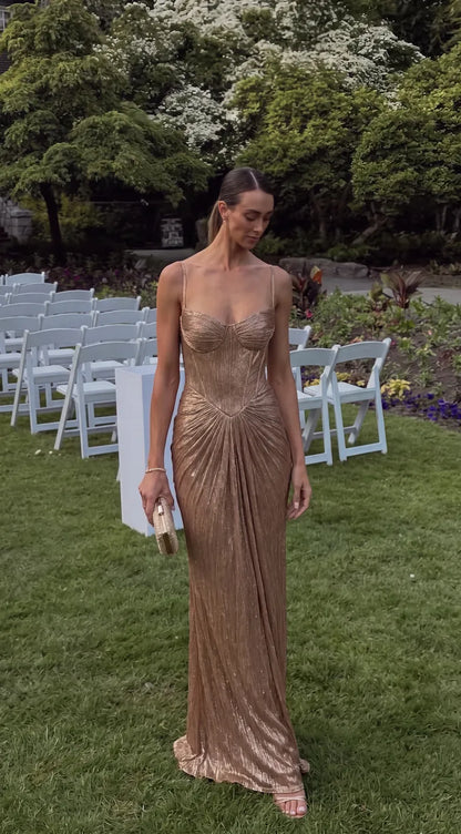Vestido de Invitada de Boda Largo Dorado Elegante con Corset