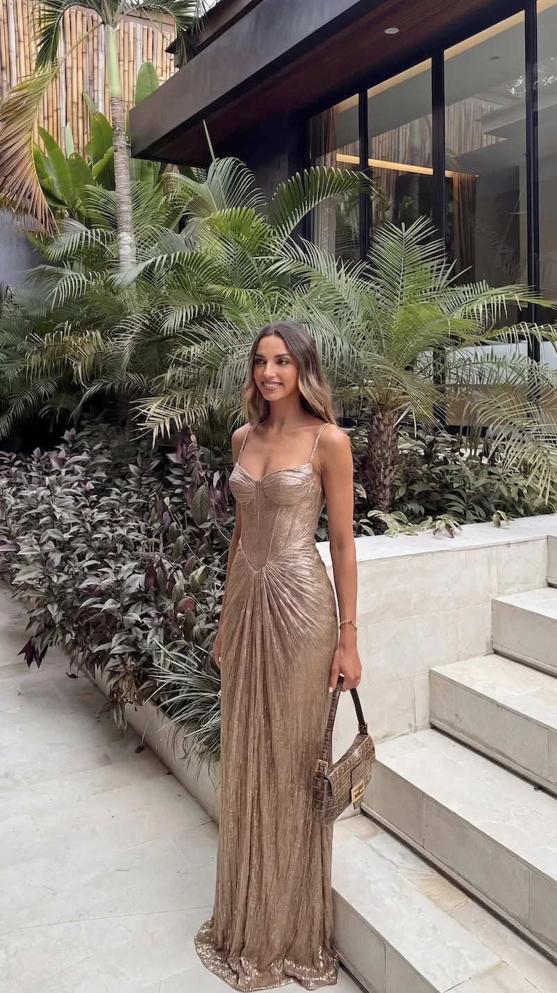 Vestido de Invitada de Boda Largo Dorado Elegante con Corset