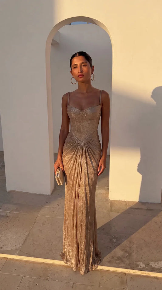 Vestido de Invitada de Boda Largo Dorado Elegante con Corset