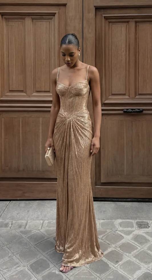 Vestido de Invitada de Boda Largo Dorado Elegante con Corset