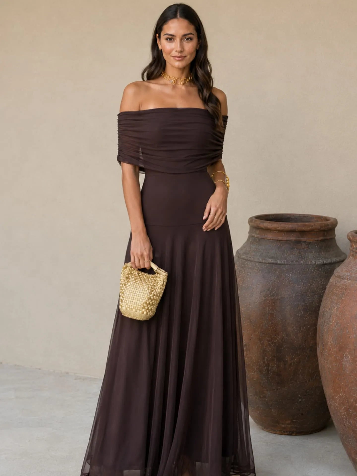 Vestido de Invitada de Boda Largo Elegante Asimétrico con Hombros Descubiertos