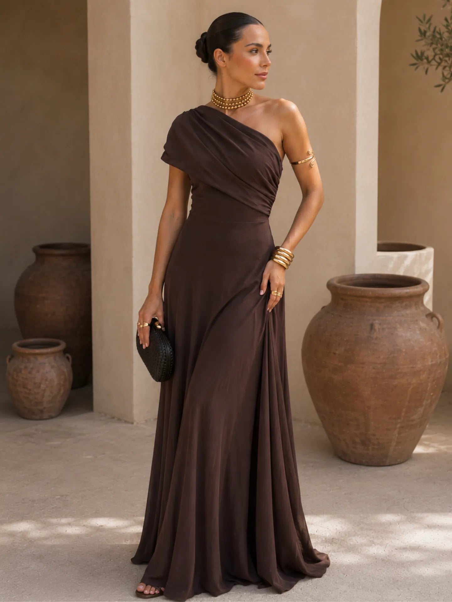 Vestido de Invitada de Boda Largo Elegante Asimétrico con Hombros Descubiertos