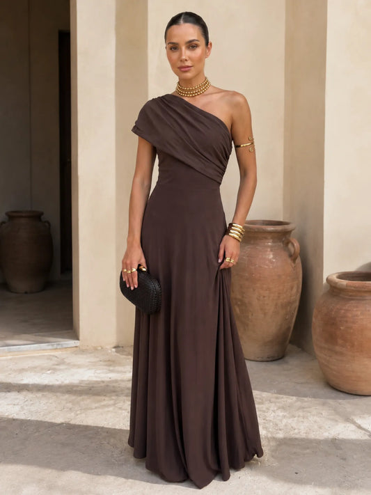 Vestido de Invitada de Boda Largo Elegante Asimétrico con Hombros Descubiertos