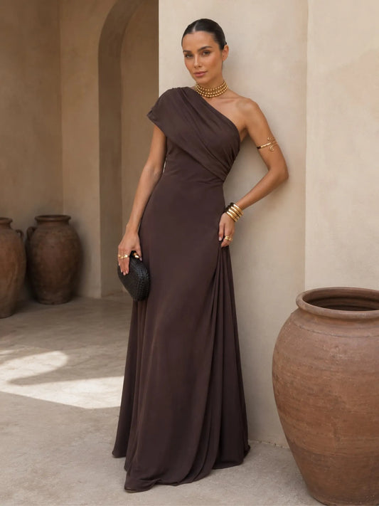Vestido de Invitada de Boda Largo Elegante Asimétrico con Hombros Descubiertos