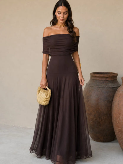 Vestido de Invitada de Boda Largo Elegante Asimétrico con Hombros Descubiertos