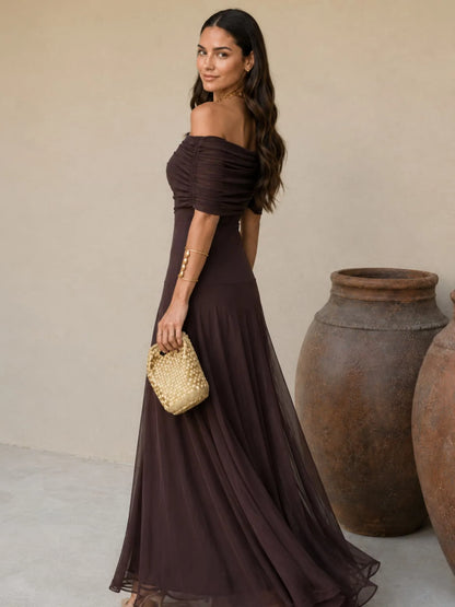 Vestido de Invitada de Boda Largo Elegante Asimétrico con Hombros Descubiertos