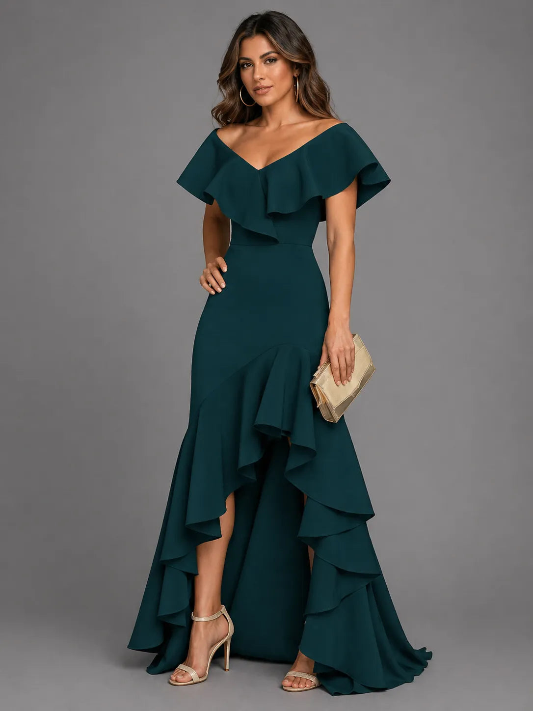 Vestido de Invitada de Boda Largo Elegante Asimétrico con Volantes