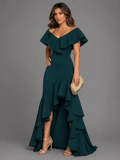 Vestido de Invitada de Boda Largo Elegante Asimétrico con Volantes