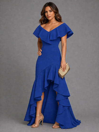 Vestido de Invitada de Boda Largo Elegante Asimétrico con Volantes