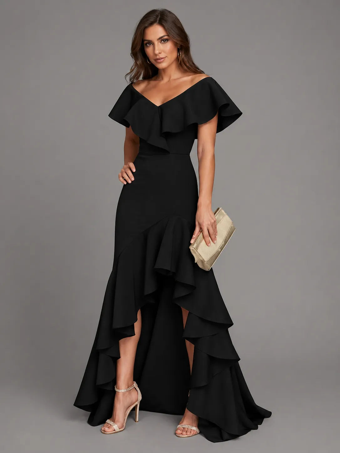 Vestido de Invitada de Boda Largo Elegante Asimétrico con Volantes