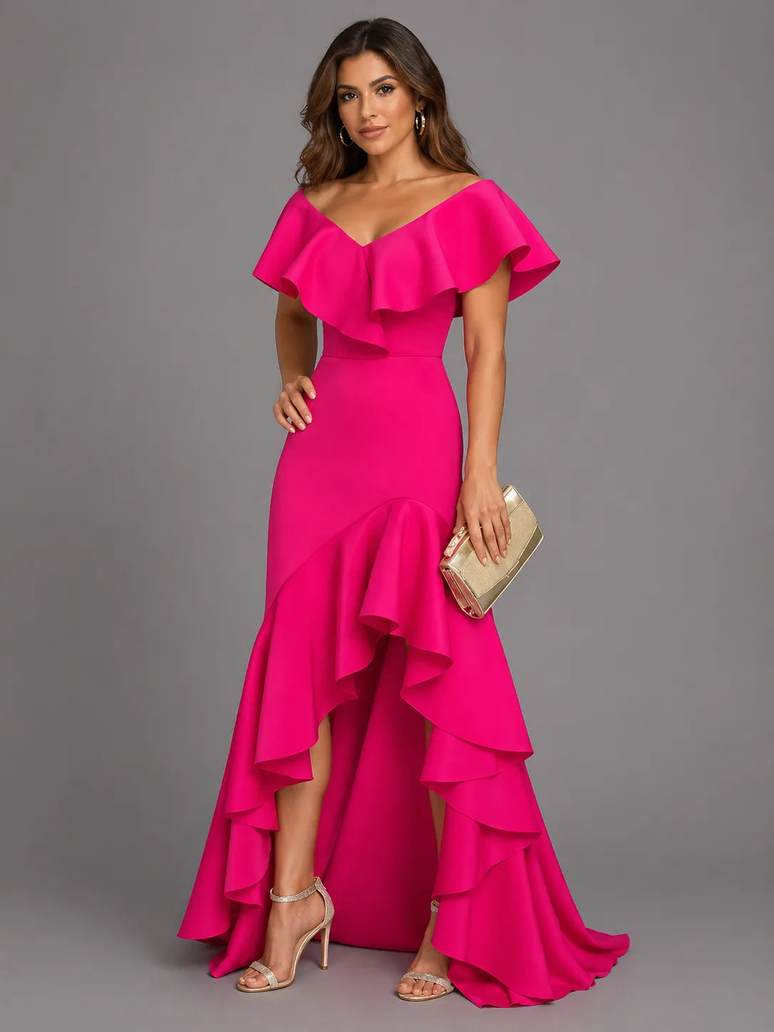 Vestido de Invitada de Boda Largo Elegante Asimétrico con Volantes