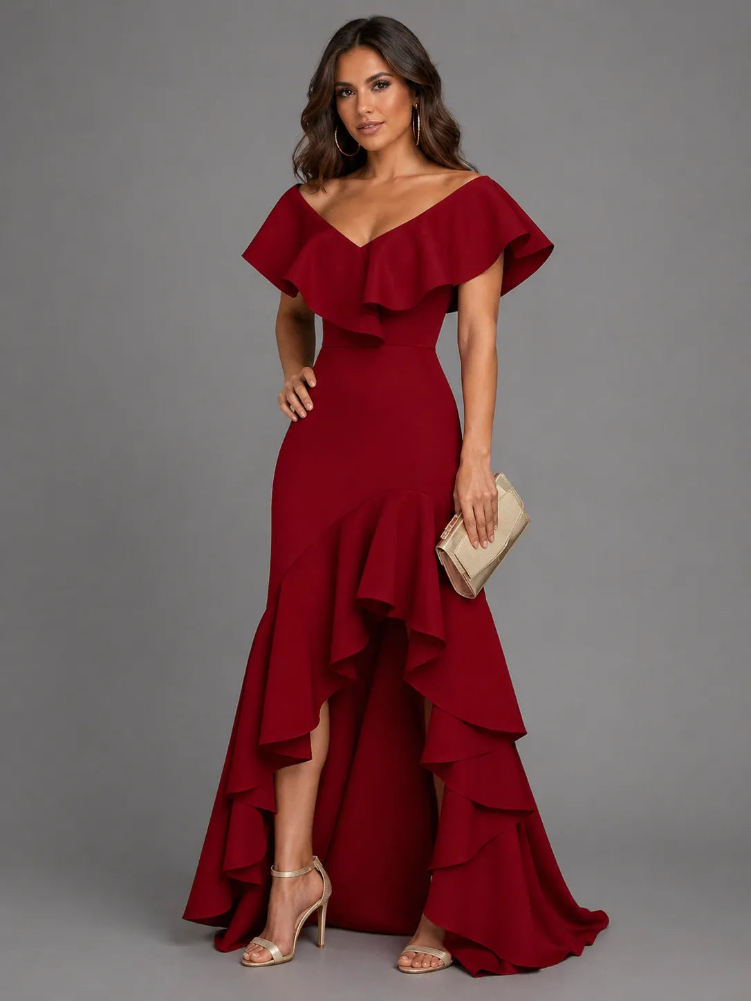 Vestido de Invitada de Boda Largo Elegante Asimétrico con Volantes