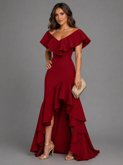 Vestido de Invitada de Boda Largo Elegante Asimétrico con Volantes