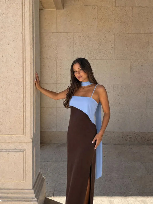 Vestido de Invitada de Boda Largo Elegante Bicolor con Drapeado