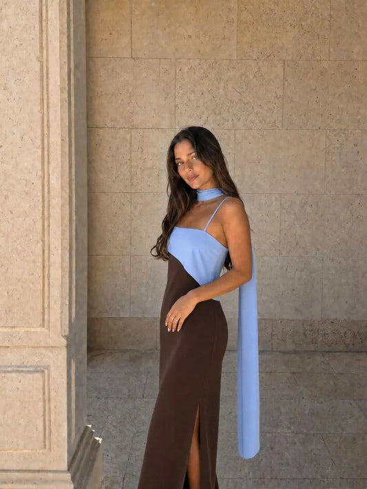Vestido de Invitada de Boda Largo Elegante Bicolor con Drapeado