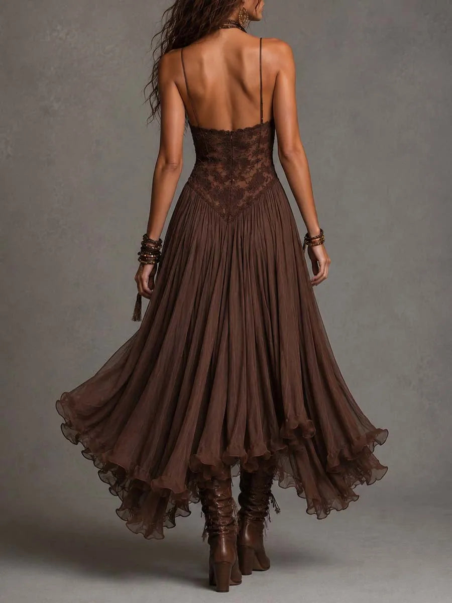 Vestido de Invitada de Boda Largo Elegante Boho con Plisado