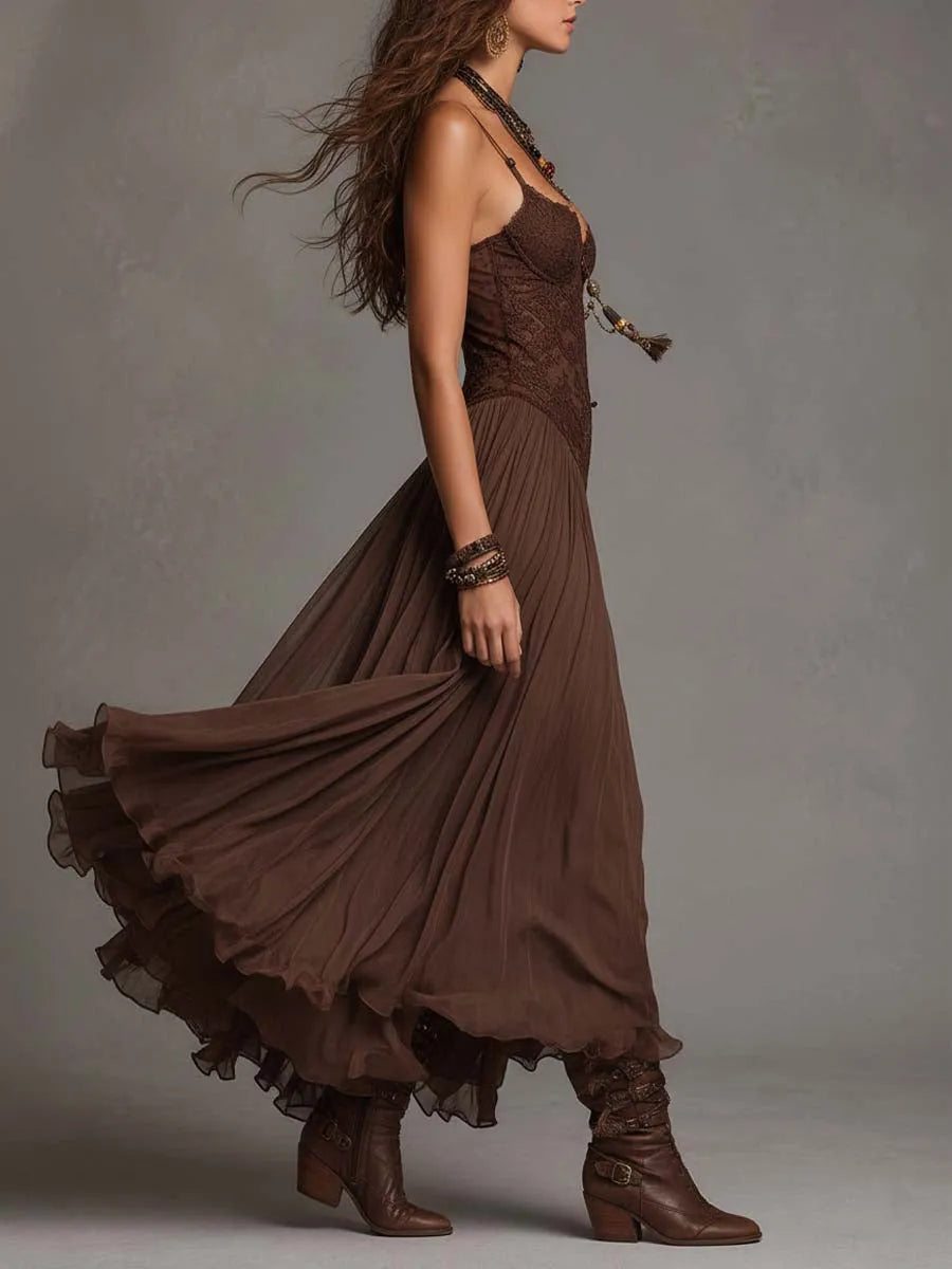 Vestido de Invitada de Boda Largo Elegante Boho con Plisado