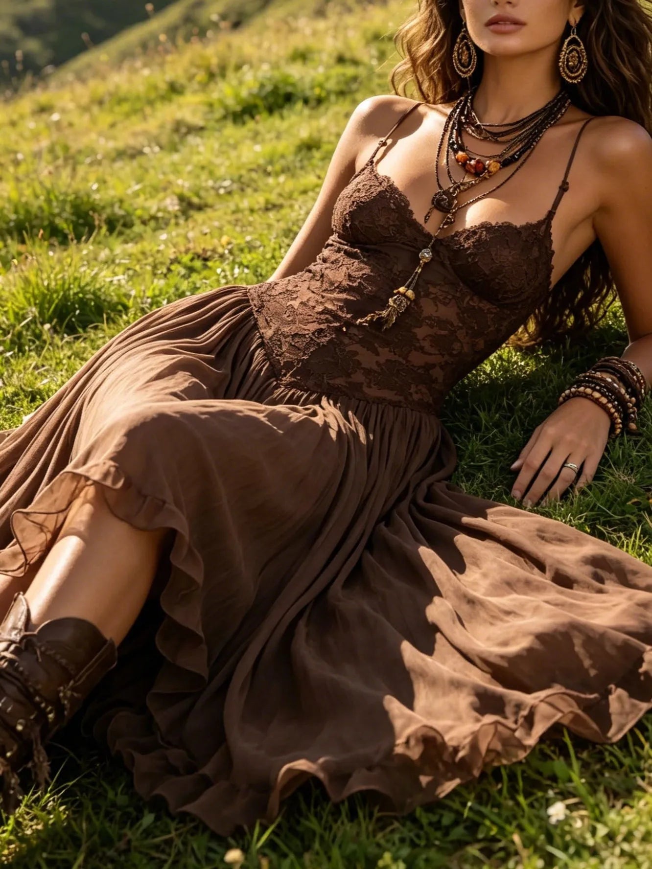 Vestido de Invitada de Boda Largo Elegante Boho con Plisado