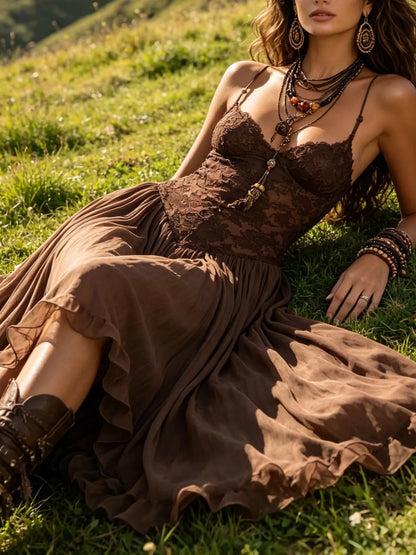 Vestido de Invitada de Boda Largo Elegante Boho con Plisado