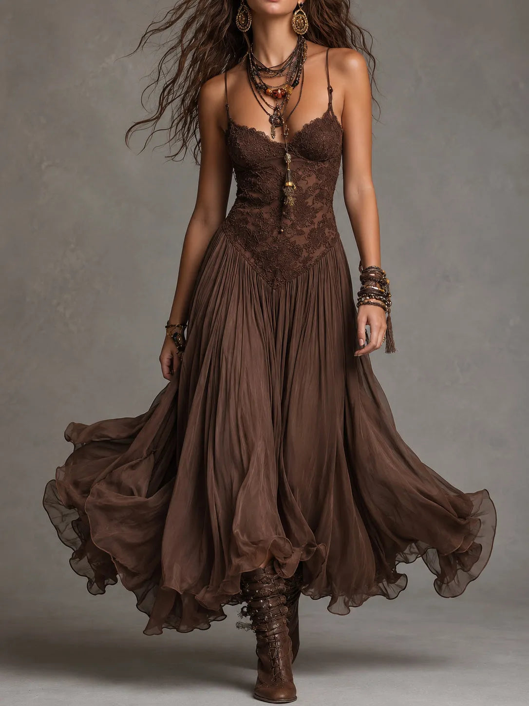 Vestido de Invitada de Boda Largo Elegante Boho con Plisado