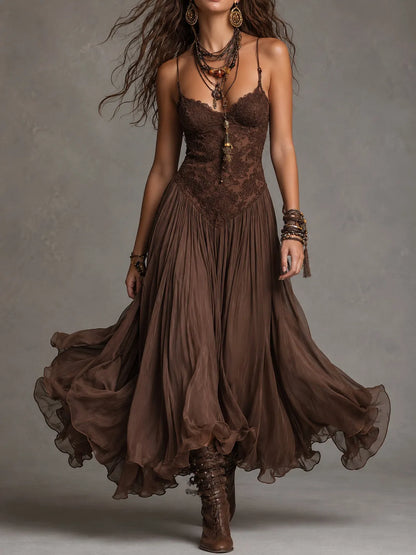 Vestido de Invitada de Boda Largo Elegante Boho con Plisado