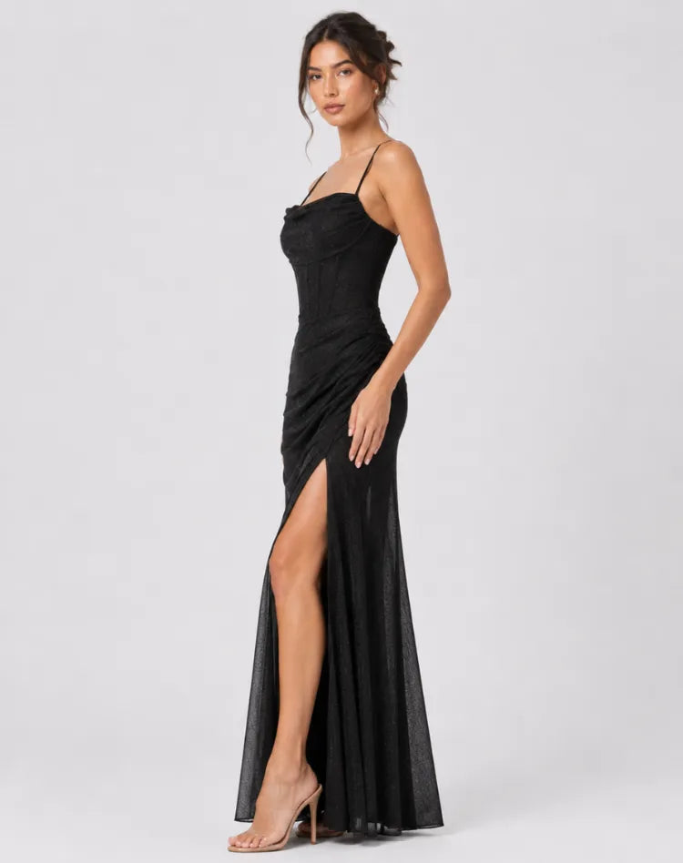 Vestido de Invitada de Boda Largo Elegante Brillante con Abertura