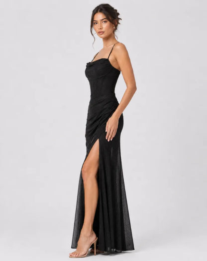 Vestido de Invitada de Boda Largo Elegante Brillante con Abertura