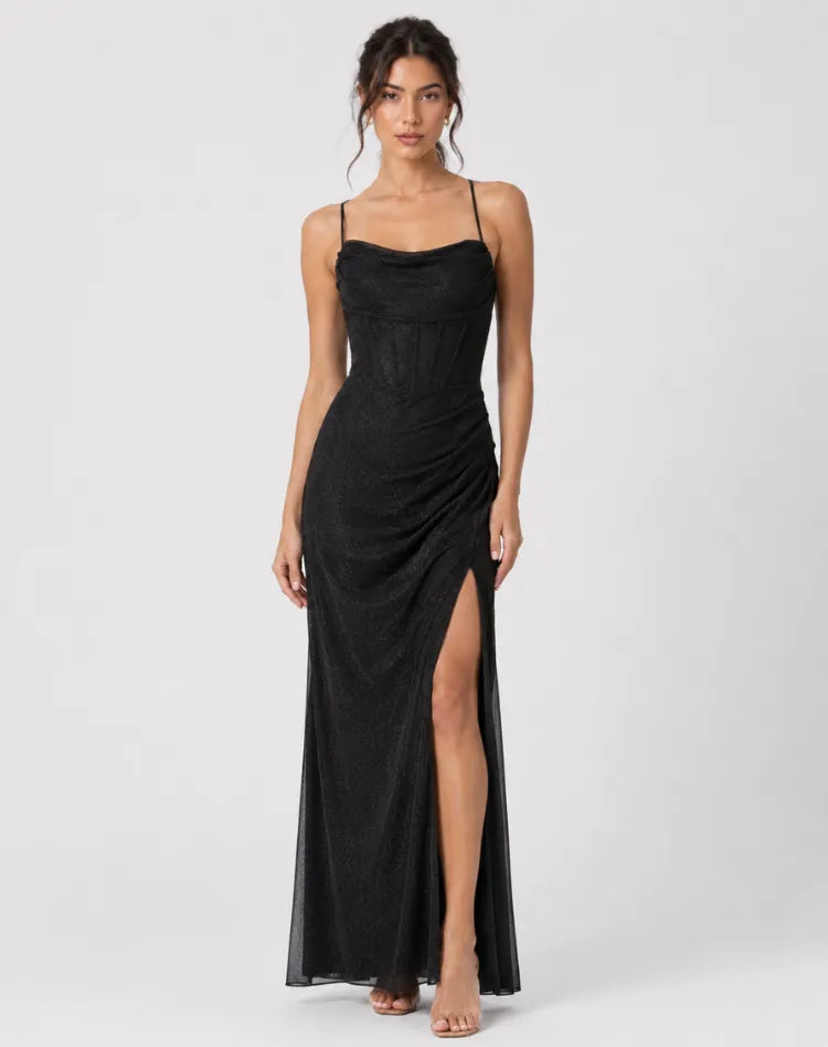 Vestido de Invitada de Boda Largo Elegante Brillante con Abertura