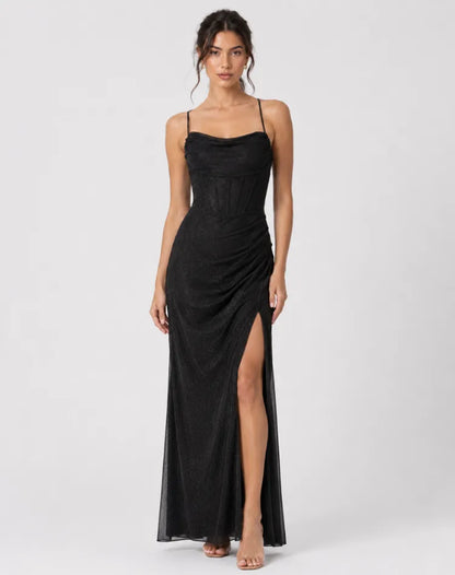 Vestido de Invitada de Boda Largo Elegante Brillante con Abertura