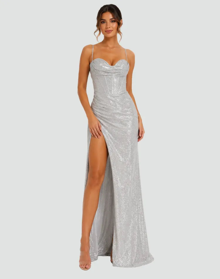 Vestido de Invitada de Boda Largo Elegante Brillante con Abertura
