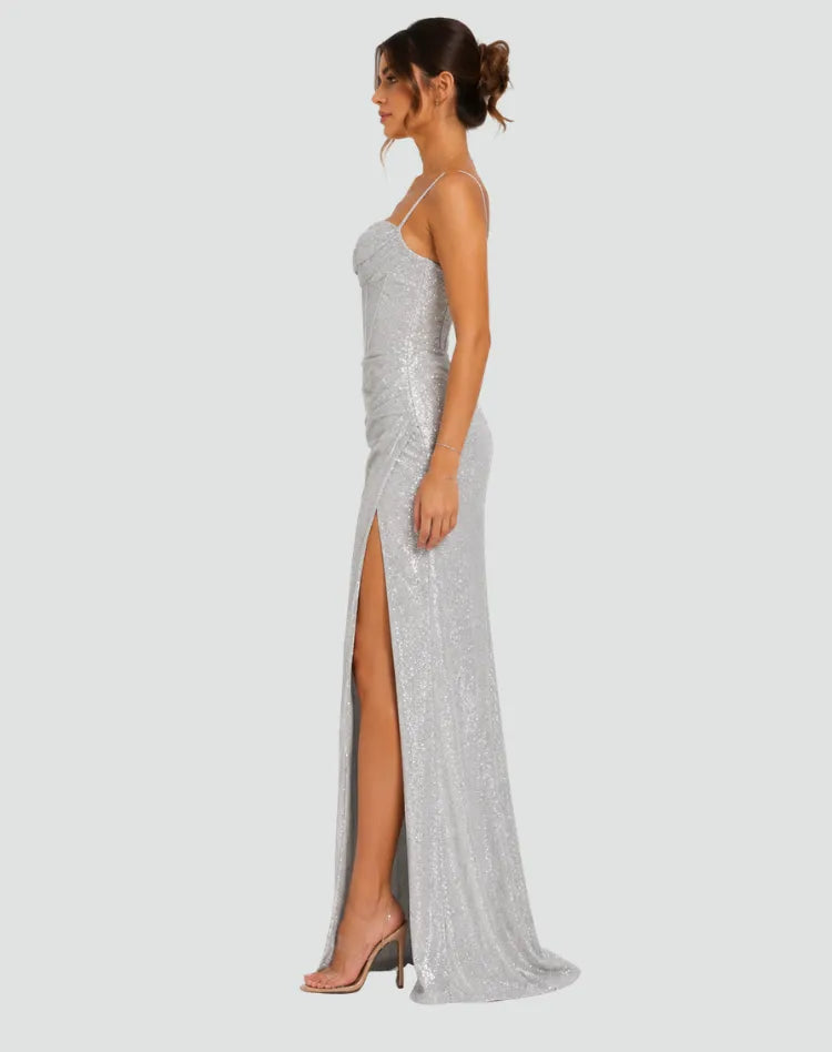 Vestido de Invitada de Boda Largo Elegante Brillante con Abertura