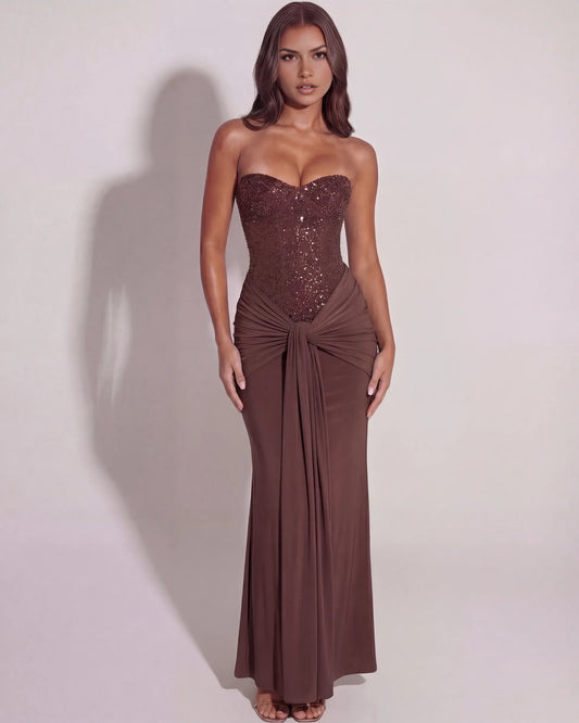 Vestido de Invitada de Boda Largo Elegante Brillante con Drapeado